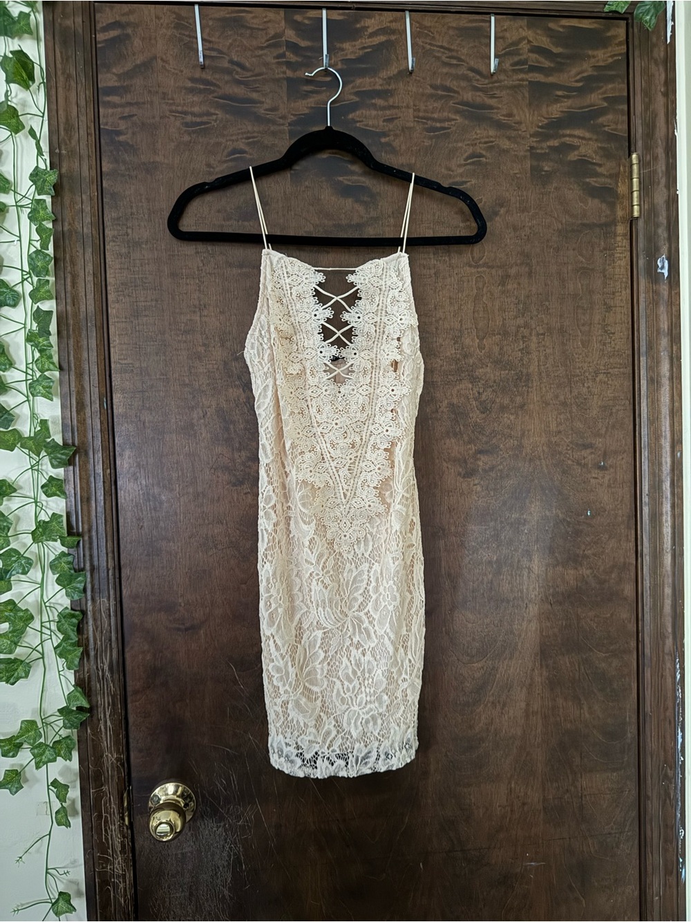 Fashion Nova Cream Lace Spaghetti-Strap Bodycon Dress